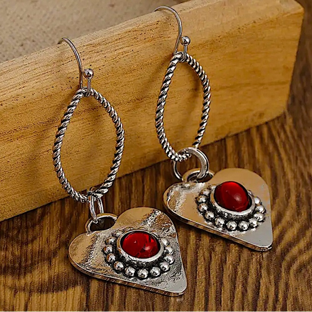 Silver Heart Boho Dangle Earrings - Picture 3 of 6